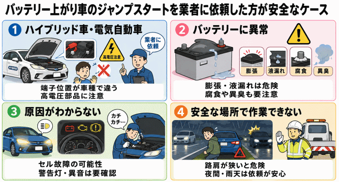 バッテリー上がり車のジャンプスタートを業者に依頼した方が安全なケース