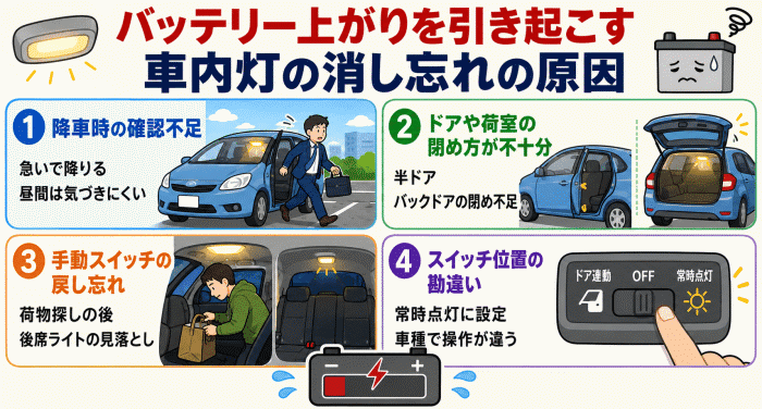 バッテリー上がりを引き起こす車内灯の消し忘れ原因