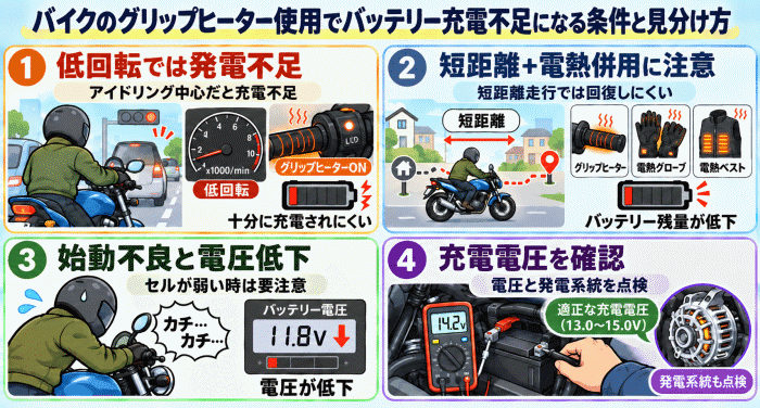 バイクのグリップヒーター使用でバッテリー充電不足になる条件と見分け方
