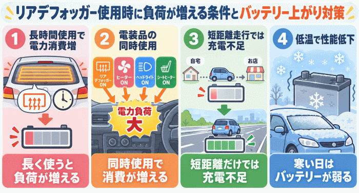 リアデフォッガー使用時に負荷が増える条件とバッテリー上がり対策