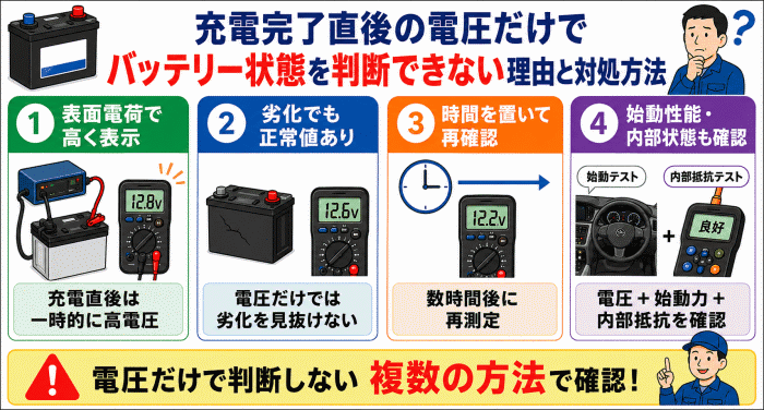 充電完了直後の電圧だけでバッテリー状態を判断できない理由と対処方法
