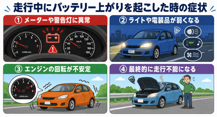 走行中にバッテリー上がりを起こした時の症状