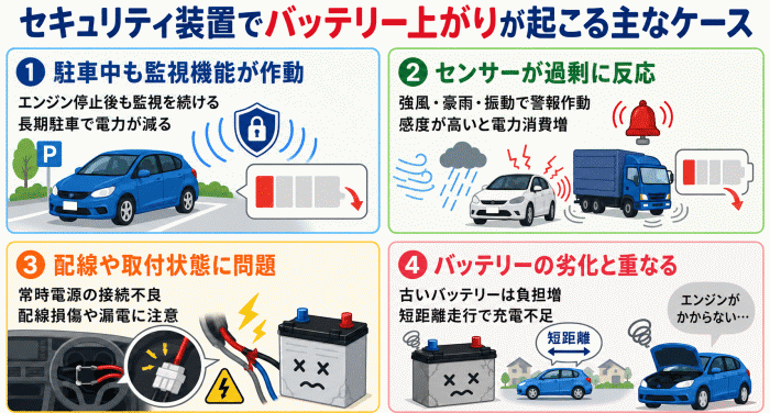 セキュリティ装置でバッテリー上がりが起こる主なケース