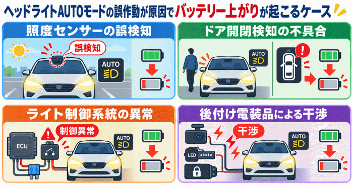 ヘッドライトAUTOモードの誤作動が原因でバッテリー上がりが起こるケース