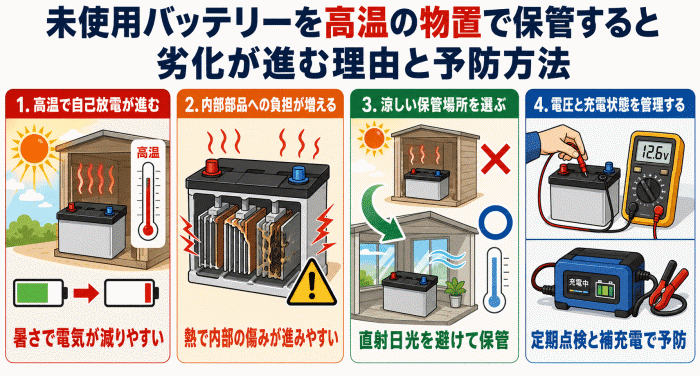 未使用バッテリーを高温の物置で保管すると劣化が進む理由と予防方法