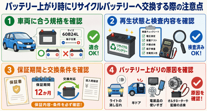 バッテリー上がり時にリサイクルバッテリーへ交換する際の注意点