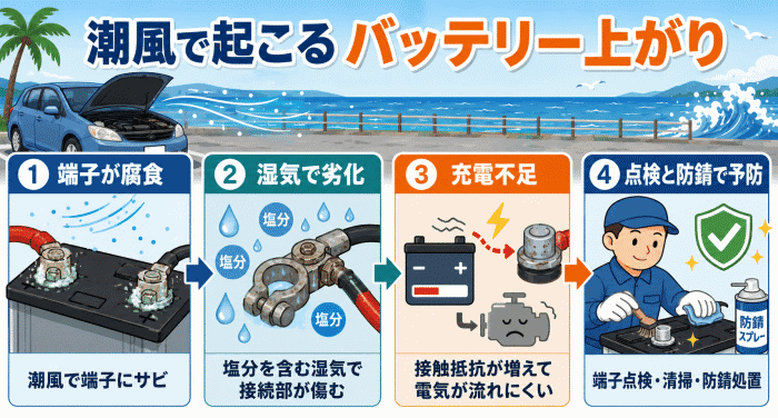 海沿いの駐車環境で発生しやすい潮風起因のバッテリー上がり