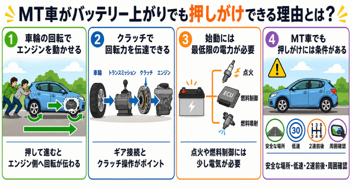 MT車がバッテリー上がりでも押しがけできる理由