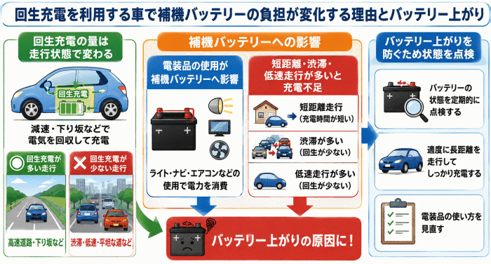 回生充電を利用する車で補機バッテリーの負担が変化する理由とバッテリー上がり