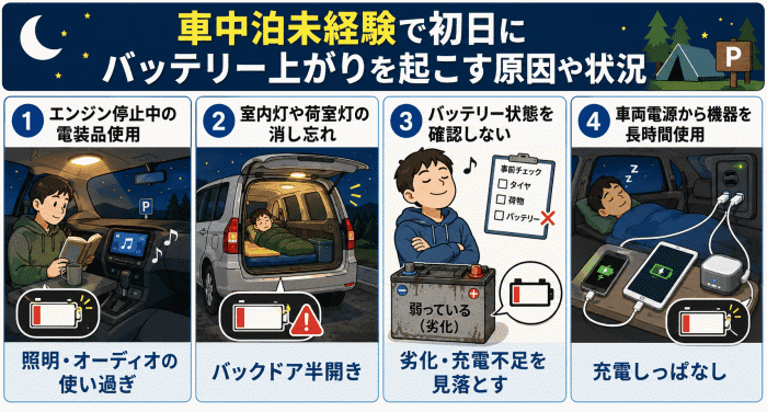 車中泊未経験で初日にバッテリー上がりを起こす原因や状況