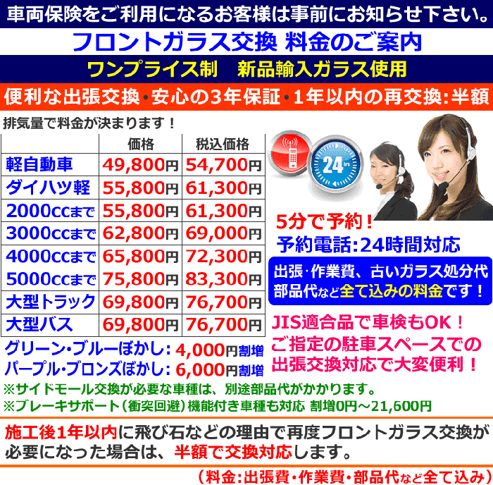 フロントガラス交換の料金案内