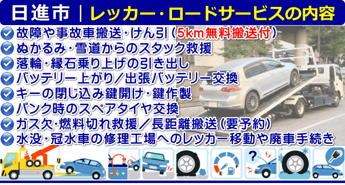 日進市のレッカー移動・ロードサービスの内容