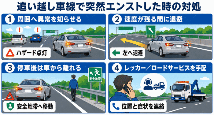 追い越し車線走行中のトラブル対応