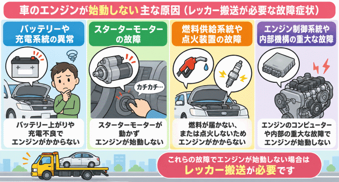 車のエンジンが始動しない原因とレッカー搬送が必要な故障症状