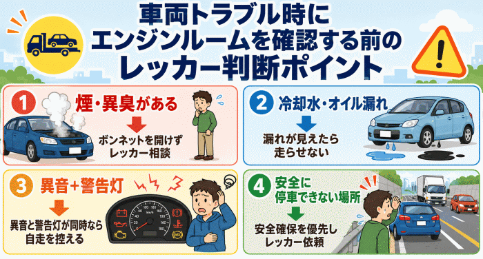 車両トラブル時にエンジンルームを確認する前のレッカー判断ポイント