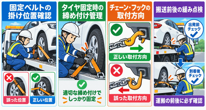 レッカー／ロードサービス作業時の車両固定機器使用時の注意点