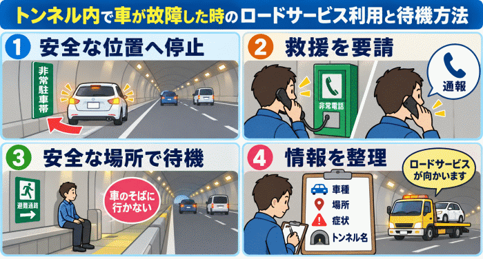 トンネル内で車が故障した時のロードサービス利用と待機方法