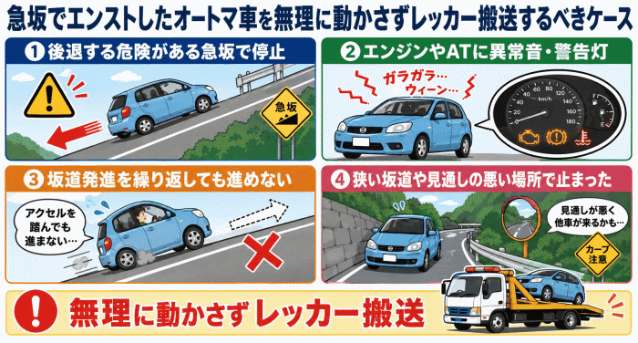 急坂でエンストしたオートマ車をレッカー搬送するべきケース