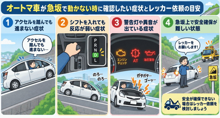 オートマ車が急坂で動かない時に確認したい症状とレッカー依頼の目安
