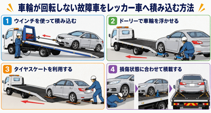 車輪が回転しない故障車をレッカー車へ積み込む方法