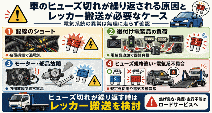 車のヒューズ切れが繰り返される原因とレッカー搬送が必要なケース