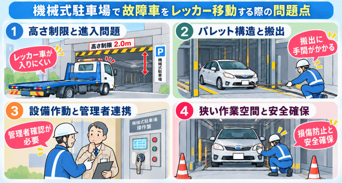 機械式駐車場で故障車をレッカー移動する際の問題点