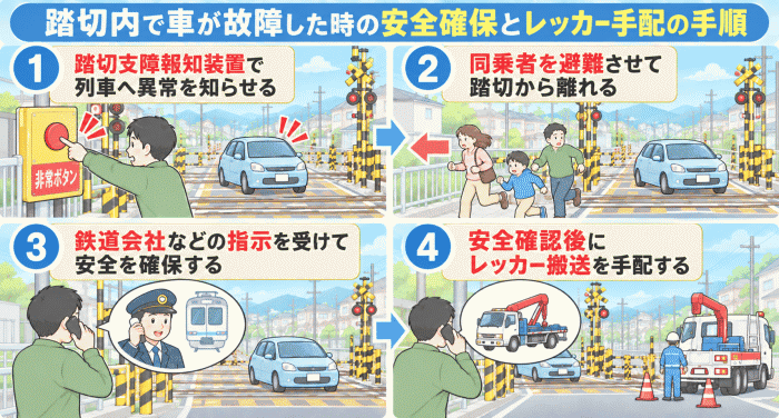 踏切内で車が故障した時の安全確保とレッカー手配の手順