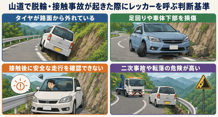山道で脱輪・接触事故が起きた際にレッカーを呼ぶ判断基準