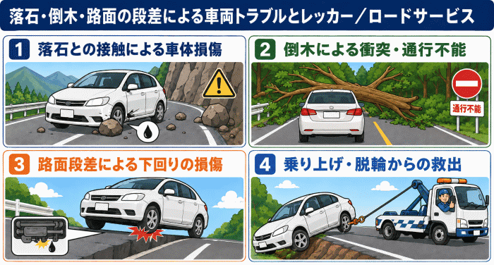 落石・倒木・路面の段差による車両トラブルとレッカー／ロードサービス