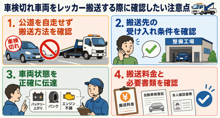 車検切れ車両をレッカー搬送する際に確認したい注意点