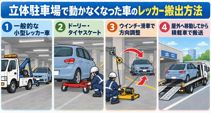 立体駐車場で動かなくなった車のレッカー搬出方法