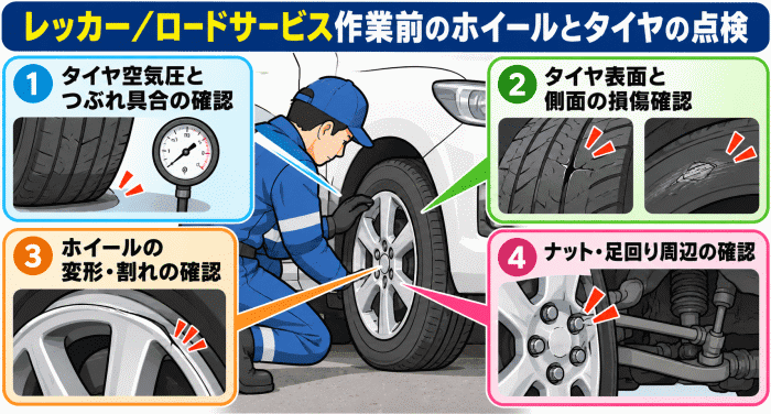 レッカー/ロードサービス作業前のホイールとタイヤの点検