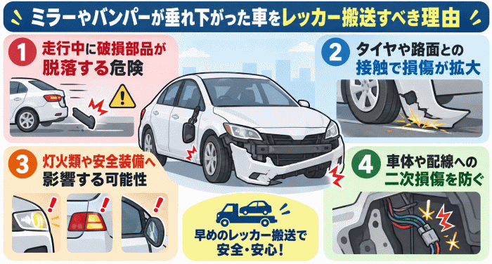 ミラーやバンパーが垂れ下がった車をレッカー搬送すべき理由