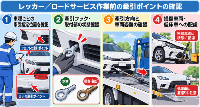 レッカー/ロードサービス作業前の牽引ポイントの確認