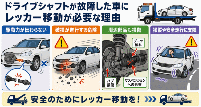 ドライブシャフトが故障した車にレッカー移動が必要な理由