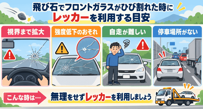 飛び石でフロントガラスがひび割れた時にレッカーを利用する目安