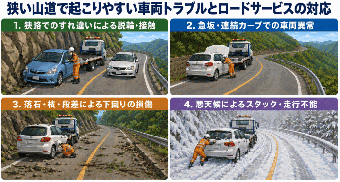狭い山道で起こりやすい車両トラブルとロードサービスの対応